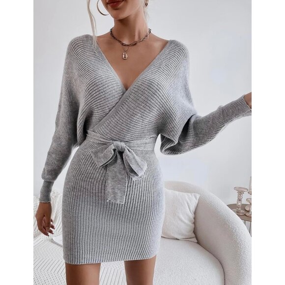Womens Gray Batwing Sleeve Wrap Sweater Dress Belted Cutout Back size Large - Picture 1 of 15